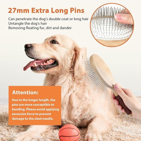Dog Brush, Pin Brush for Dogs, 27mm Extra Long Pin Brush, Dog Grooming Brush for Shedding, Dog Brush for Long Haired Dogs - Ash Wood Material, Non-Slip Rubber Handle, Round-Tipped Pins in Saudi Arabia