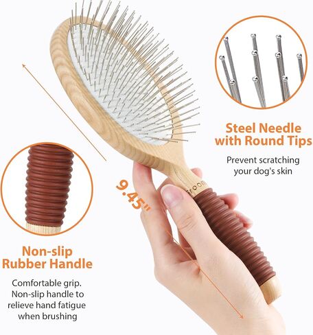 Dog Brush, Pin Brush for Dogs, 27mm Extra Long Pin Brush, Dog Grooming Brush for Shedding, Dog Brush for Long Haired Dogs - Ash Wood Material, Non-Slip Rubber Handle, Round-Tipped Pins in Saudi Arabia