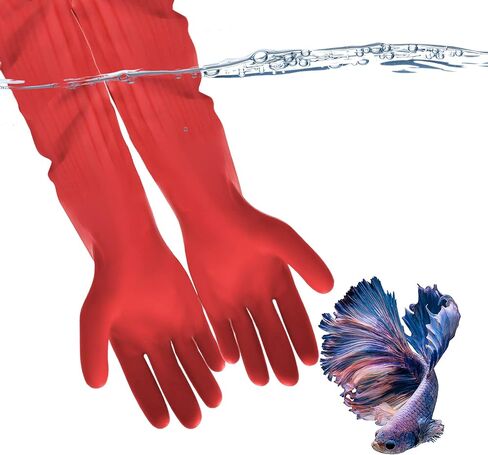 قفازات JOR لحوض السمك، قفازات طويلة جدًا للتنظيف، صيانة حوض السمك للمياه العذبة والمياه المالحة بنفسك، لون أحمر، زوج واحد in Kuwait