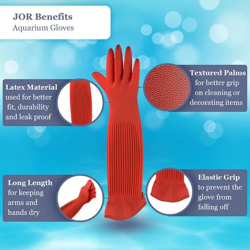 قفازات JOR لحوض السمك، قفازات طويلة جدًا للتنظيف، صيانة حوض السمك للمياه العذبة والمياه المالحة بنفسك، لون أحمر، زوج واحد in Kuwait
