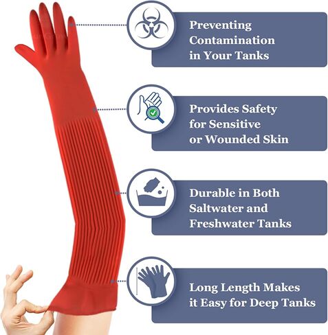 قفازات JOR لحوض السمك، قفازات طويلة جدًا للتنظيف، صيانة حوض السمك للمياه العذبة والمياه المالحة بنفسك، لون أحمر، زوج واحد in Kuwait