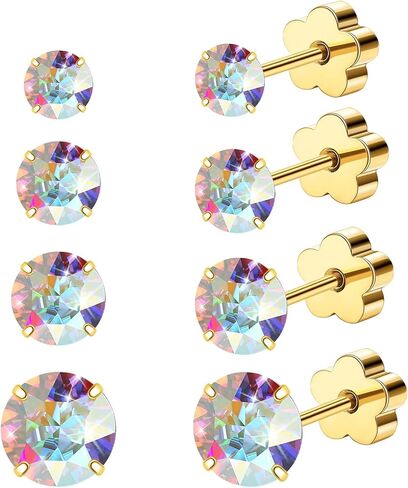 4 Pairs AB Cubic Zirconia Studs Flower Flatback Earrings for Women Girls，G23 Titanium Earrings for Sensitive Skin 14K Gold Hypoallergenic Cartilage Nap Earrings 2-5mm (Gold) in Saudi Arabia