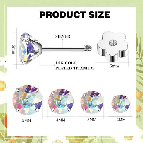 4 Pairs AB Cubic Zirconia Studs Flower Flatback Earrings for Women Girls，G23 Titanium Earrings for Sensitive Skin 14K Gold Hypoallergenic Cartilage Nap Earrings 2-5mm (Gold) in Saudi Arabia