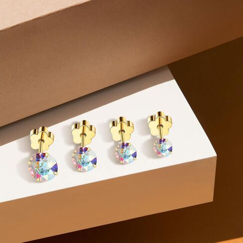 4 Pairs AB Cubic Zirconia Studs Flower Flatback Earrings for Women Girls，G23 Titanium Earrings for Sensitive Skin 14K Gold Hypoallergenic Cartilage Nap Earrings 2-5mm (Gold) in Saudi Arabia