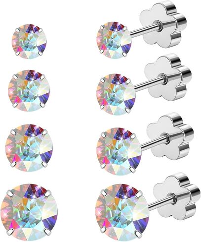 4 Pairs AB Cubic Zirconia Studs Flower Flatback Earrings for Women Girls，G23 Titanium Earrings for Sensitive Skin 14K Gold Hypoallergenic Cartilage Nap Earrings 2-5mm (Gold) in Saudi Arabia