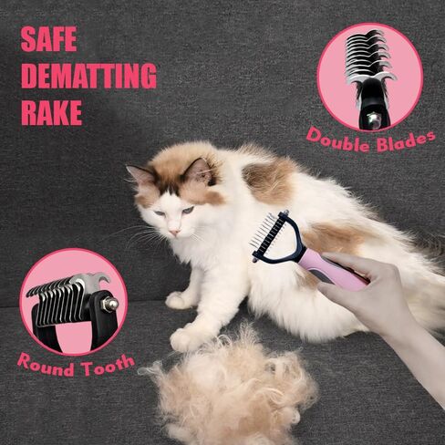 Cat Brush Grooming Kit 5pcs - Cat Brushes for indoor Cats, Cat Brush for Shedding for Long Haired Cats, Pet Self Cleaning Kit, Cat Brush for Matted Fur Hair with Flea Comb Set Pink in Kuwait