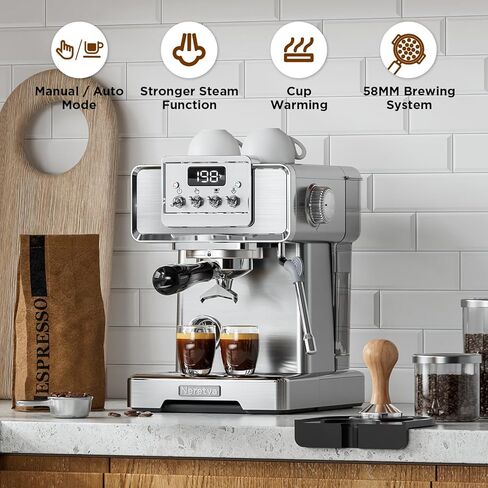 ماكينة نيريتفا اسبريسو، ماكينة صنع اسبريسو بشاشة LCD 15 بار، ماكينة صنع قهوة اسبريسو يدوية ووضع تلقائي من الفولاذ المقاوم للصدأ مع خزان مياه 60 أونصة ورغوة الحليب لآلة باريستا واللاتيه والكابتشينو المنزلية in Kuwait