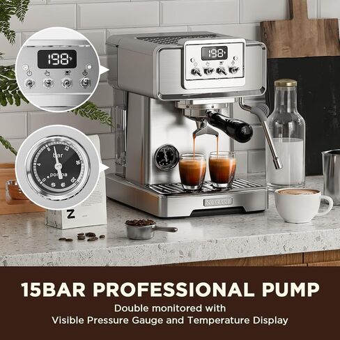 ماكينة نيريتفا اسبريسو، ماكينة صنع اسبريسو بشاشة LCD 15 بار، ماكينة صنع قهوة اسبريسو يدوية ووضع تلقائي من الفولاذ المقاوم للصدأ مع خزان مياه 60 أونصة ورغوة الحليب لآلة باريستا واللاتيه والكابتشينو المنزلية in Kuwait