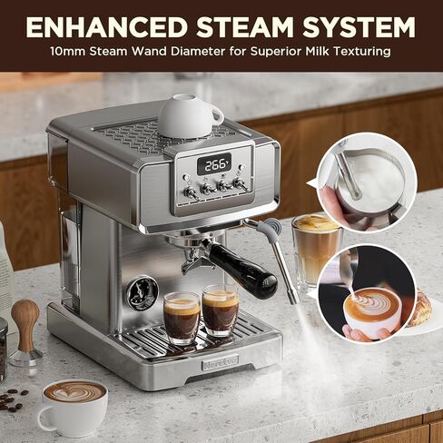 ماكينة نيريتفا اسبريسو، ماكينة صنع اسبريسو بشاشة LCD 15 بار، ماكينة صنع قهوة اسبريسو يدوية ووضع تلقائي من الفولاذ المقاوم للصدأ مع خزان مياه 60 أونصة ورغوة الحليب لآلة باريستا واللاتيه والكابتشينو المنزلية in Kuwait