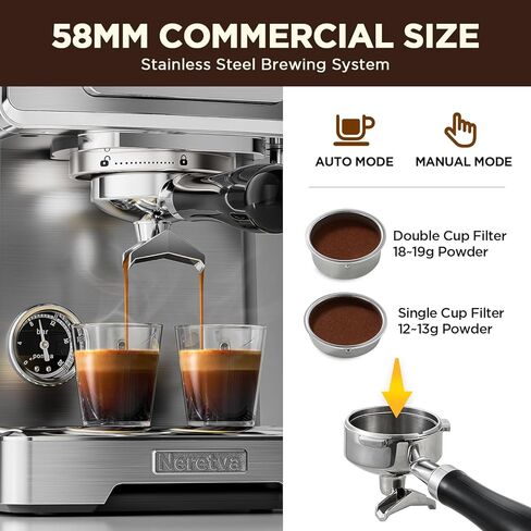 ماكينة نيريتفا اسبريسو، ماكينة صنع اسبريسو بشاشة LCD 15 بار، ماكينة صنع قهوة اسبريسو يدوية ووضع تلقائي من الفولاذ المقاوم للصدأ مع خزان مياه 60 أونصة ورغوة الحليب لآلة باريستا واللاتيه والكابتشينو المنزلية in Kuwait