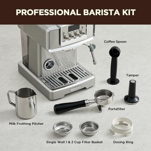 ماكينة نيريتفا اسبريسو، ماكينة صنع اسبريسو بشاشة LCD 15 بار، ماكينة صنع قهوة اسبريسو يدوية ووضع تلقائي من الفولاذ المقاوم للصدأ مع خزان مياه 60 أونصة ورغوة الحليب لآلة باريستا واللاتيه والكابتشينو المنزلية in Kuwait