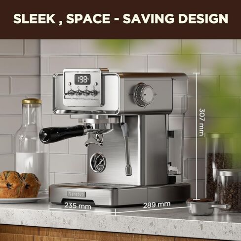 ماكينة نيريتفا اسبريسو، ماكينة صنع اسبريسو بشاشة LCD 15 بار، ماكينة صنع قهوة اسبريسو يدوية ووضع تلقائي من الفولاذ المقاوم للصدأ مع خزان مياه 60 أونصة ورغوة الحليب لآلة باريستا واللاتيه والكابتشينو المنزلية in Kuwait