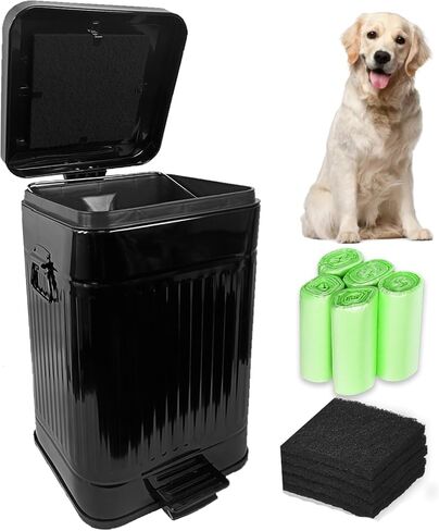 Dog Poop Waste Bag Container Dog Poop Trash Can Outdoors Pet Waste Station with Lid Dog Waste Disposal Container Bin Bucket Hands-Free Pedal Garden Yard Home with 100pc Waste Bags, Black in Saudi Arabia