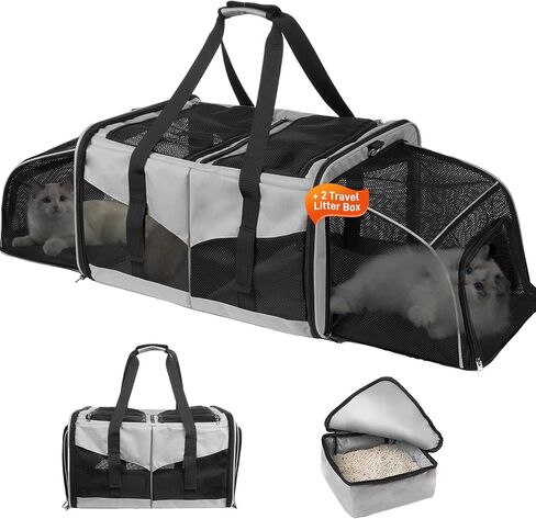 Cat Carrier for 2 Cats, Cat Travel Carrier with Litter Box, Portable 2-in-1 Double Cat Carrier, Pet Travel Carrier with Litter Box for Long Distance Travel, Black in Saudi Arabia