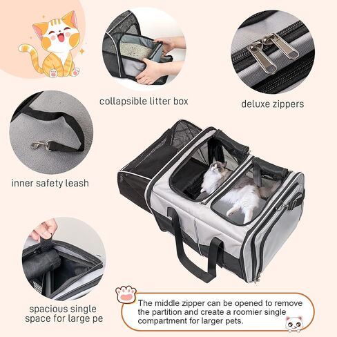 Cat Carrier for 2 Cats, Cat Travel Carrier with Litter Box, Portable 2-in-1 Double Cat Carrier, Pet Travel Carrier with Litter Box for Long Distance Travel, Black in Saudi Arabia
