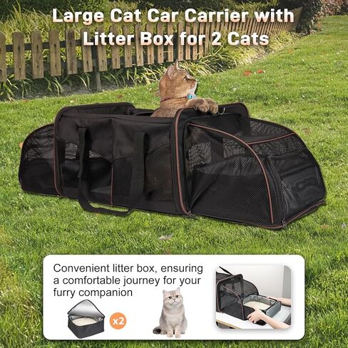 Cat Carrier for 2 Cats, Cat Travel Carrier with Litter Box, Portable 2-in-1 Double Cat Carrier, Pet Travel Carrier with Litter Box for Long Distance Travel, Black in Saudi Arabia