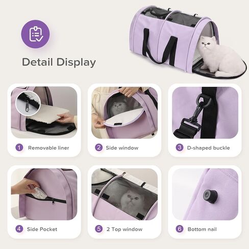 حاملة الحيوانات الأليفة، حاملة قطط ناعمة الجوانب للقطط المتوسطة والجرو التي يصل وزنها إلى 20 رطلاً، تأتي مع نافذة شبكية علوية قابلة للإزالة من صوف الخراف، حاملة حقائب الحيوانات الأليفة قابلة للغسل وقابلة للتنفس للسفر في الهواء الطلق (أرجواني) in Kuwait