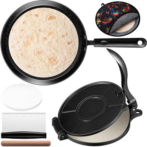 مجموعة مكونة من 6 قطع من جهاز ضغط التورتيلا مقاس 8 بوصات من الحديد الزهر ومكشطة العجين ومكشطة العجين والدحرجة وحقيبة تسخين 300 قطعة من ورق البرشمان من مقلاة التورتيلا المصنوعة من الحديد الزهر لصنع روتي تاكو in Kuwait