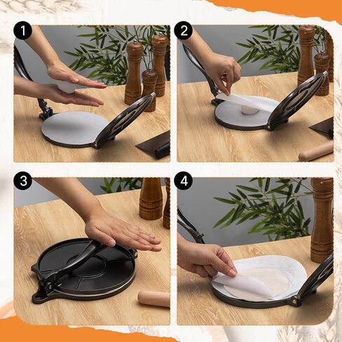 مجموعة مكونة من 6 قطع من جهاز ضغط التورتيلا مقاس 8 بوصات من الحديد الزهر ومكشطة العجين ومكشطة العجين والدحرجة وحقيبة تسخين 300 قطعة من ورق البرشمان من مقلاة التورتيلا المصنوعة من الحديد الزهر لصنع روتي تاكو in Kuwait