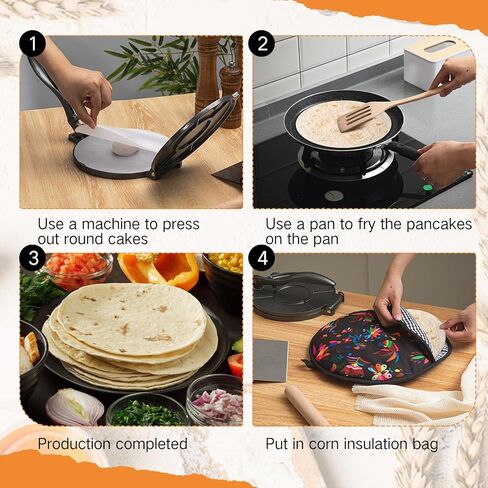 مجموعة مكونة من 6 قطع من جهاز ضغط التورتيلا مقاس 8 بوصات من الحديد الزهر ومكشطة العجين ومكشطة العجين والدحرجة وحقيبة تسخين 300 قطعة من ورق البرشمان من مقلاة التورتيلا المصنوعة من الحديد الزهر لصنع روتي تاكو in Kuwait