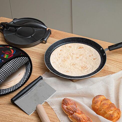 مجموعة مكونة من 6 قطع من جهاز ضغط التورتيلا مقاس 8 بوصات من الحديد الزهر ومكشطة العجين ومكشطة العجين والدحرجة وحقيبة تسخين 300 قطعة من ورق البرشمان من مقلاة التورتيلا المصنوعة من الحديد الزهر لصنع روتي تاكو in Kuwait