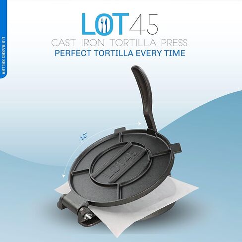Lot45 Tortilla Press 12 inch - Cast Iron Manual Roti Maker Dough Press for Corn Tortillas, Tamales, Chapati, Naan Bread, Pizza Dough with 50 Parchment Paper Sheets in Saudi Arabia