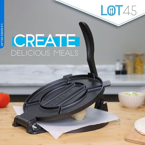 Lot45 Tortilla Press 12 inch - Cast Iron Manual Roti Maker Dough Press for Corn Tortillas, Tamales, Chapati, Naan Bread, Pizza Dough with 50 Parchment Paper Sheets in Saudi Arabia
