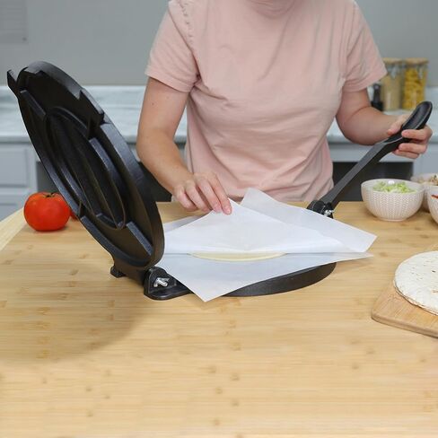 Lot45 Tortilla Press 12 inch - Cast Iron Manual Roti Maker Dough Press for Corn Tortillas, Tamales, Chapati, Naan Bread, Pizza Dough with 50 Parchment Paper Sheets in Saudi Arabia