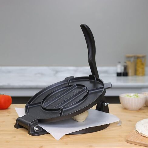 Lot45 Tortilla Press 12 inch - Cast Iron Manual Roti Maker Dough Press for Corn Tortillas, Tamales, Chapati, Naan Bread, Pizza Dough with 50 Parchment Paper Sheets in Saudi Arabia