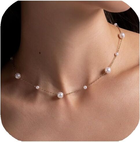 Dainty Gold Pearl Necklace for Women, 14k gold plated Cute Layered Gold Chain Necklaces Chocker, Waterproof Non Tarnish Gold Jewelry for Women Girls Gifts in Kuwait