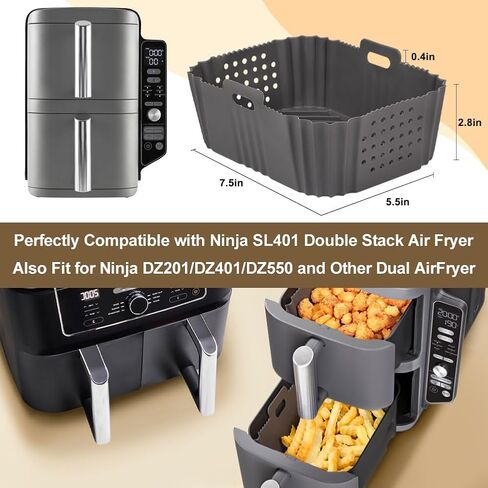 BYKITCHEN Silicone Air Fryer Liners for Ninja SL401 Double Stack 2 Basket Air Fryer, Reusable Rectangle Perforated Silicone Liners for Dual Air Fryer, Ninja DoubleStack XL Air Fryer Accessories in Kuwait