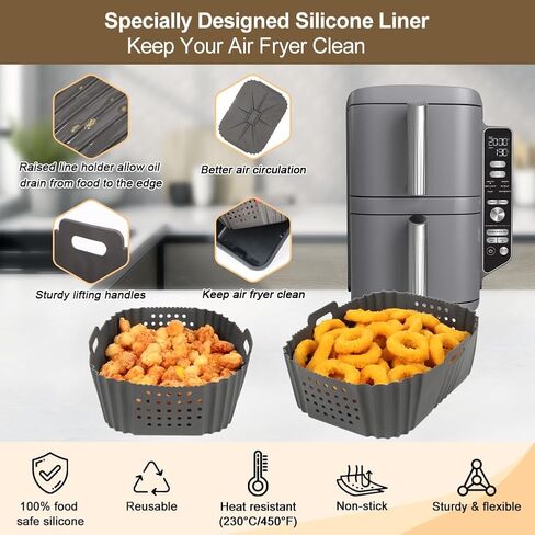 BYKITCHEN Silicone Air Fryer Liners for Ninja SL401 Double Stack 2 Basket Air Fryer, Reusable Rectangle Perforated Silicone Liners for Dual Air Fryer, Ninja DoubleStack XL Air Fryer Accessories in Kuwait