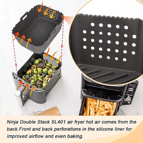 BYKITCHEN Silicone Air Fryer Liners for Ninja SL401 Double Stack 2 Basket Air Fryer, Reusable Rectangle Perforated Silicone Liners for Dual Air Fryer, Ninja DoubleStack XL Air Fryer Accessories in Kuwait