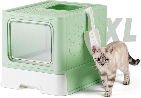 Enclosed Litter Box with Lid, X-Large Foldable Cat Litter Box, Covered Kitty Litter Box, Two-Way Entry and Exit Cat Box with Scoop, Odor Control, Easy to Clean(Grey) in Saudi Arabia