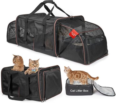 Cat Travel Carrier with Litter Boxes for 2 Cats, Double-Compartment Soft Pet Carrier, Expandable Portable Cat Carrier for Car Travel, up to 35 lb Road Trip, Camping, Hiking, Black in Saudi Arabia