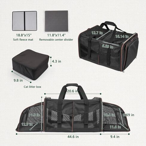 Cat Travel Carrier with Litter Boxes for 2 Cats, Double-Compartment Soft Pet Carrier, Expandable Portable Cat Carrier for Car Travel, up to 35 lb Road Trip, Camping, Hiking, Black in Saudi Arabia