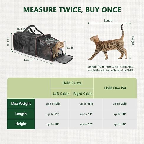 Cat Travel Carrier with Litter Boxes for 2 Cats, Double-Compartment Soft Pet Carrier, Expandable Portable Cat Carrier for Car Travel, up to 35 lb Road Trip, Camping, Hiking, Black in Saudi Arabia