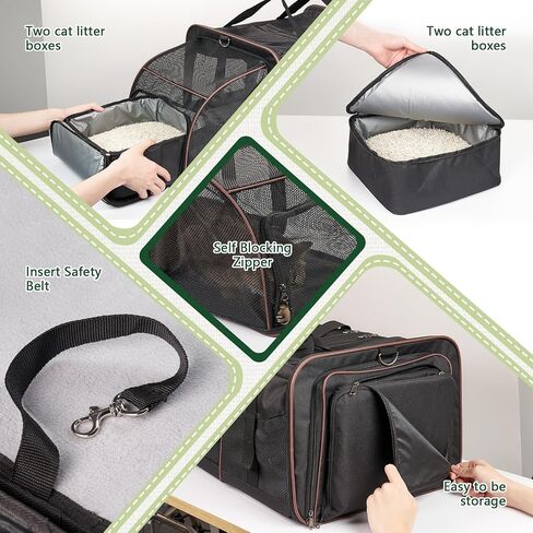 Cat Travel Carrier with Litter Boxes for 2 Cats, Double-Compartment Soft Pet Carrier, Expandable Portable Cat Carrier for Car Travel, up to 35 lb Road Trip, Camping, Hiking, Black in Saudi Arabia