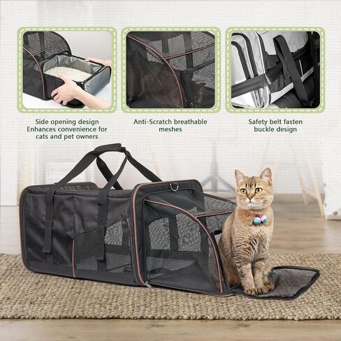 Cat Travel Carrier with Litter Boxes for 2 Cats, Double-Compartment Soft Pet Carrier, Expandable Portable Cat Carrier for Car Travel, up to 35 lb Road Trip, Camping, Hiking, Black in Saudi Arabia
