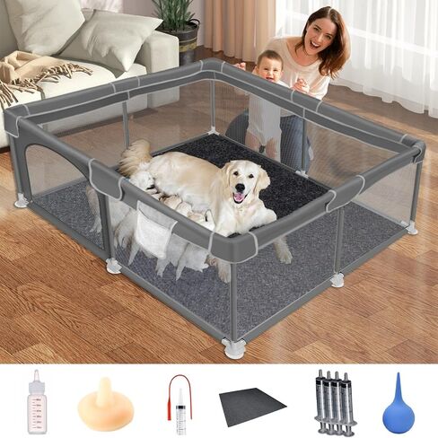 Whelping Box for Dogs, 50''x50''x26.5'', Sturdy Dog Playpen with Tear-Resistant Transparent Mesh Fabric, Include Sterile Mucus Extractor Catheter in Saudi Arabia