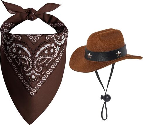Dog Cowboy Hat with Star Decoration Dog Cowboy Costume for Small Pet Dogs Cat Cowboy Hat with Bandana Scarf Set Party Accessories (Brown, Small) in Saudi Arabia