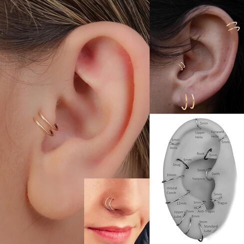 4.5mm 24 GA Sterling Silver Double Tragus Elbrow Rock Snug Daith Ring Hoop for Single Piercing Spiral Twist Nose Hoop for Women Girls (Sterling Silver 925 | 24 GA, 4.5mm | Left Side) in Kuwait