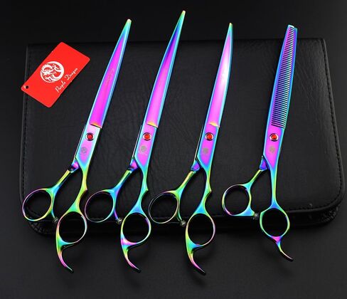 Purple Dragon 8.0 inch Professional Pet Grooming Scissors,Dog Straight Shear, Thinning/Blending Scissor & 2 PCS Curved Shear with Bag (Purple) in Saudi Arabia