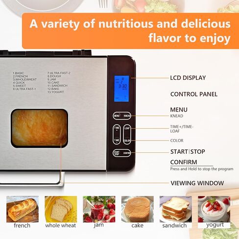EUHOMY Bread Maker Machine 2LB Bread Maker for 3 Loaf Sizes & 3 Crust Colors - Ideal for Family Gifts, Breadmaker with Stainless Steel and Fruit & Nut Dispenser, Gluten Free in Saudi Arabia