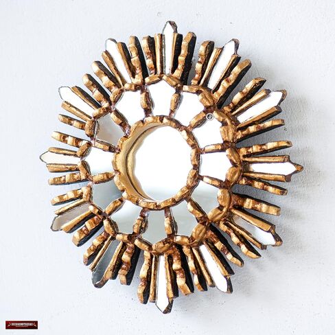Decorative Hanging Round Mirror 7.8" wall art decor | Peruvian Wood Mirror for bathroom, Living room, farmhouse (Gold) in Saudi Arabia