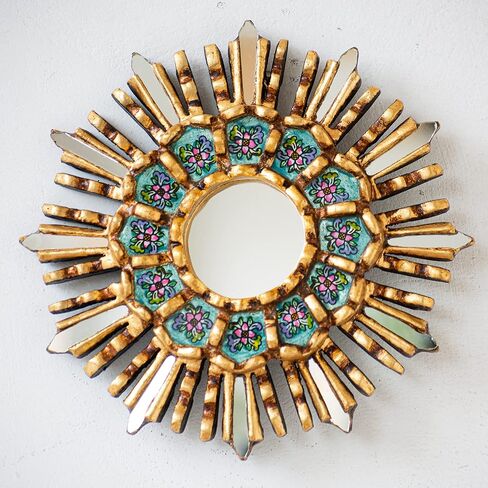 Decorative Hanging Round Mirror 7.8" wall art decor | Peruvian Wood Mirror for bathroom, Living room, farmhouse (Gold) in Saudi Arabia