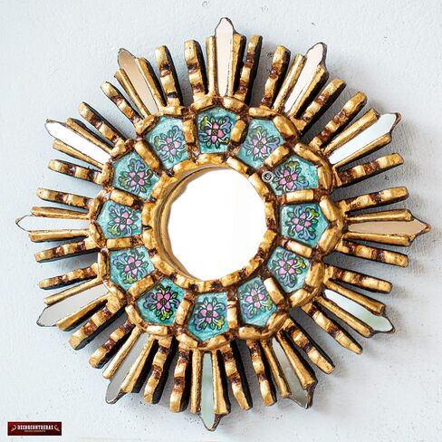 Decorative Hanging Round Mirror 7.8" wall art decor | Peruvian Wood Mirror for bathroom, Living room, farmhouse (Gold) in Saudi Arabia