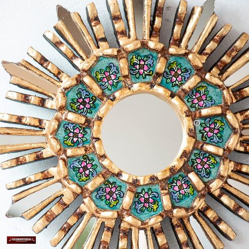 Decorative Hanging Round Mirror 7.8" wall art decor | Peruvian Wood Mirror for bathroom, Living room, farmhouse (Gold) in Saudi Arabia