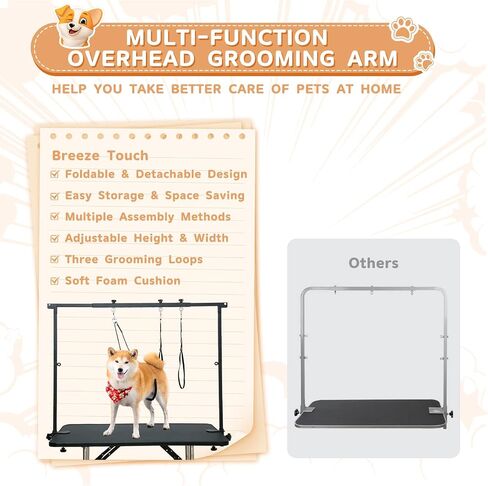Breeze Touch Dog Grooming Table Arm - Overhead Pet Grooming Arm 39" H Adjustable, Foldable Cat and Dog Grooming Arm with Clamps Cat Grooming Loops for Small Medium Large Dog, Not Include Table in Saudi Arabia
