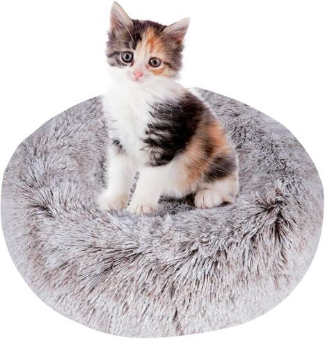 سرير مهدئ للقطط، سرير للكلاب على شكل كعكة داخلي قابل للغسل مع قطيفة من الفرو الصناعي المنفوش، سرير دائري مضاد للقلق للحيوانات الأليفة، سرير وسادة دافئ للكلاب والقطط الصغيرة والمتوسطة (20 * 20 بوصة، رمادي داكن) in Kuwait